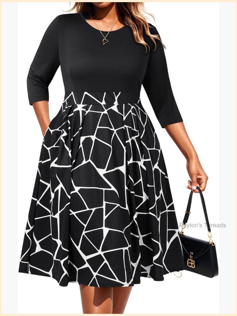 Plus Size A-Line Midi Dress With Pockets 3/4 Sleeve Work Casual